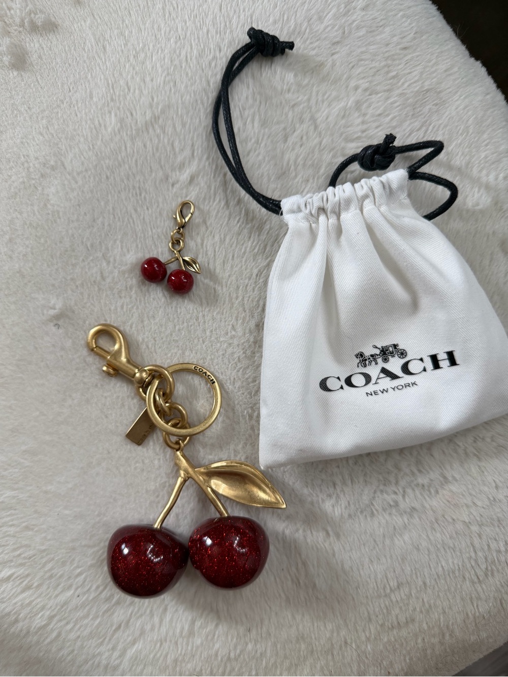 Coach Gold-Tone Cherry Keychain with Red Glitter Cherries